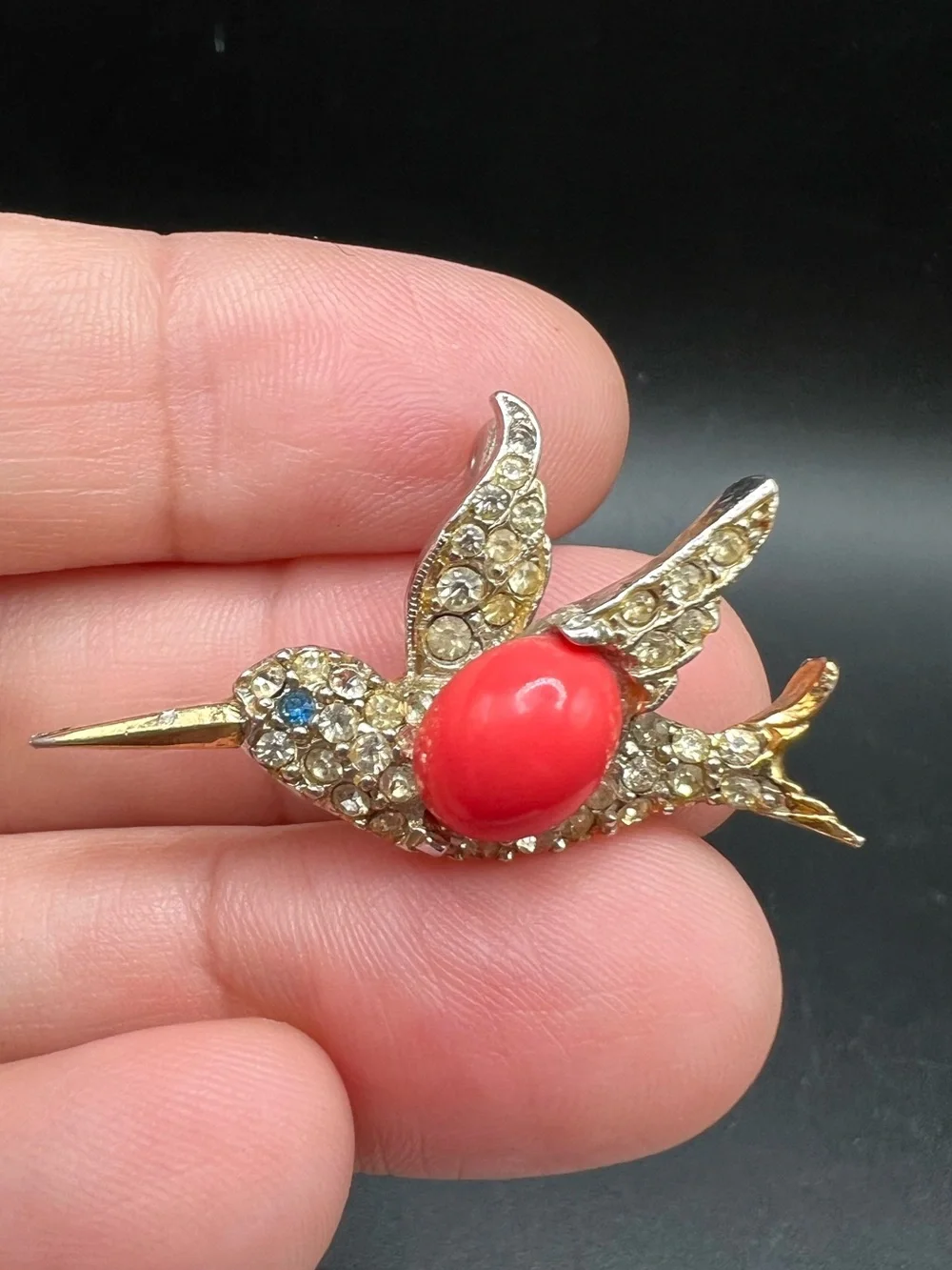 Vintage PELL Hummingbird Brooch Gold Tone Rhinestone Coral Cabochon Signed